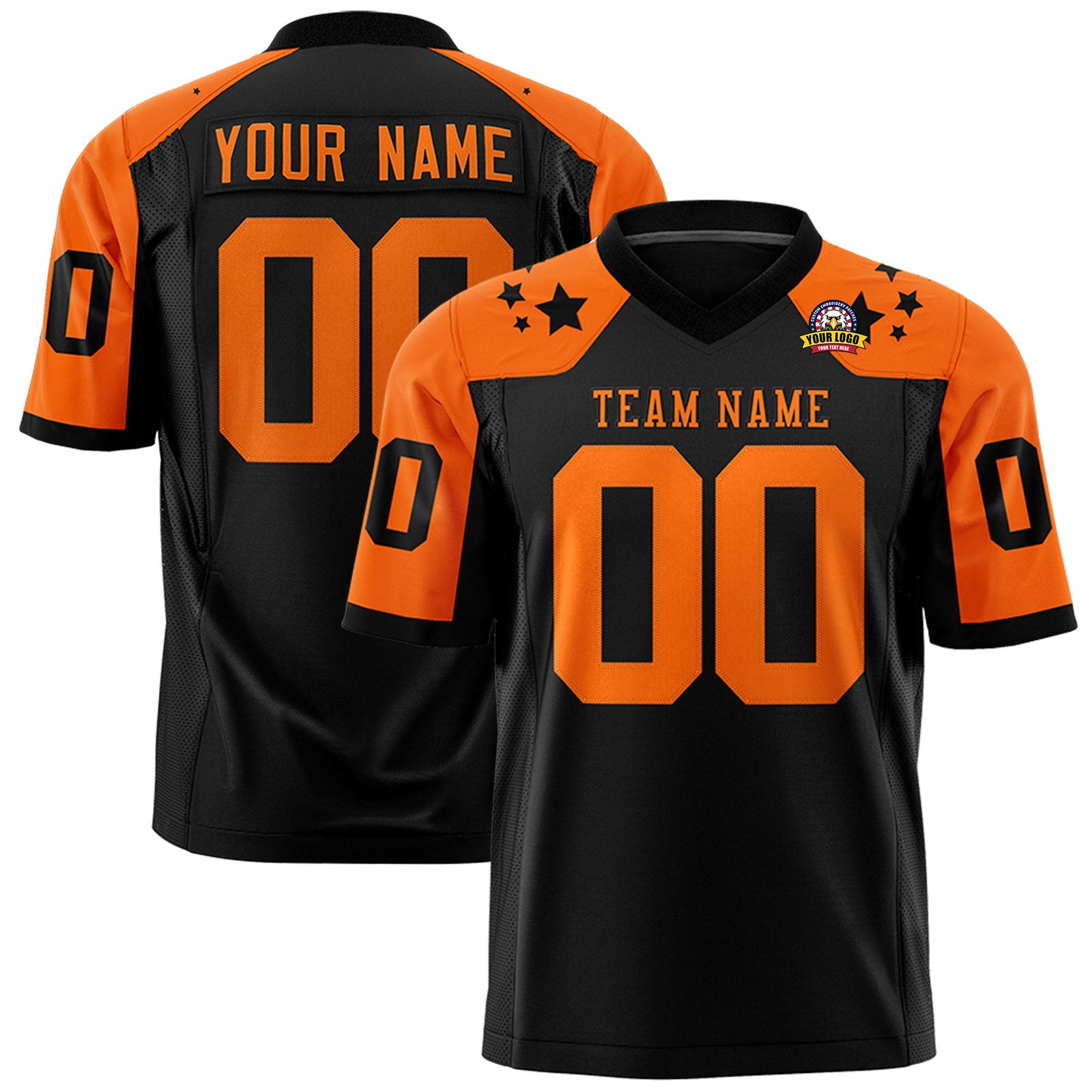 Custom Black Orange Personalized Shoulder Star Pattern Authentic Flag Football Jersey