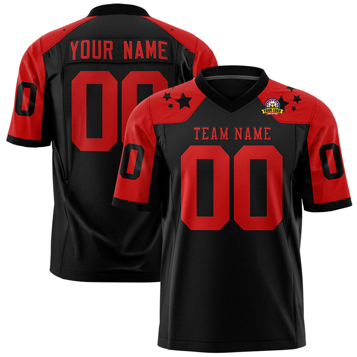 Custom Black Red Personalized Shoulder Star Pattern Authentic Flag Football Jersey