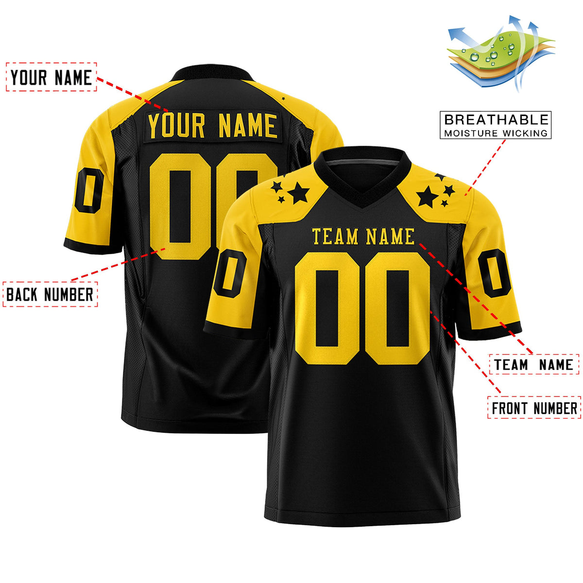 Custom Black Gold Personalized Shoulder Star Pattern Flag Football Jersey