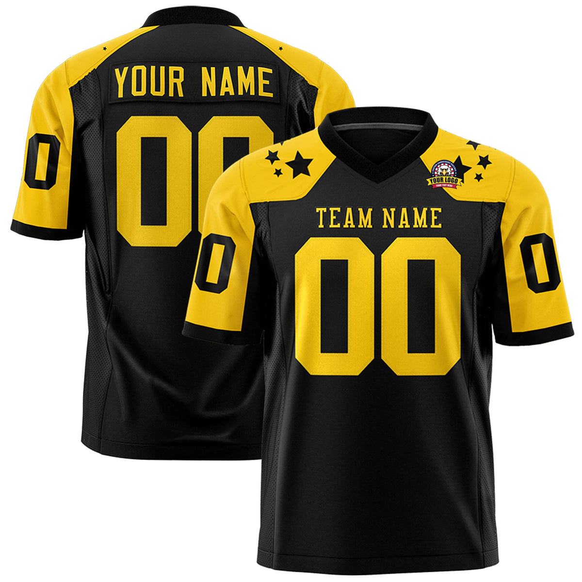 Custom Black Gold Personalized Shoulder Star Pattern Authentic Flag Football Jersey