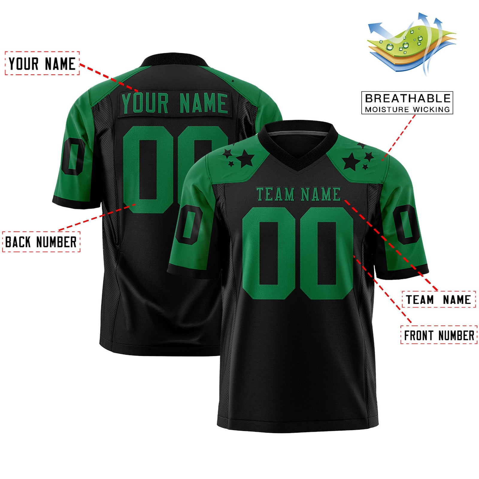 Custom Black Kelly Green Personalized Shoulder Star Pattern Authentic Flag Football Jersey