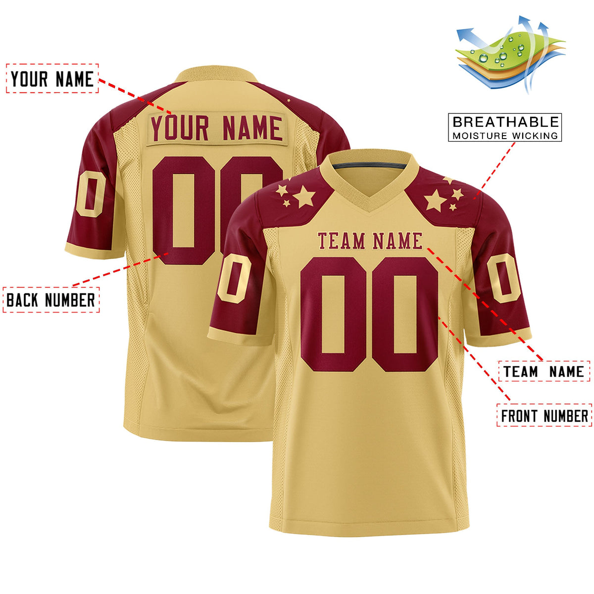 Custom Khaki Crimson Personalized Shoulder Star Pattern Flag Football Jersey