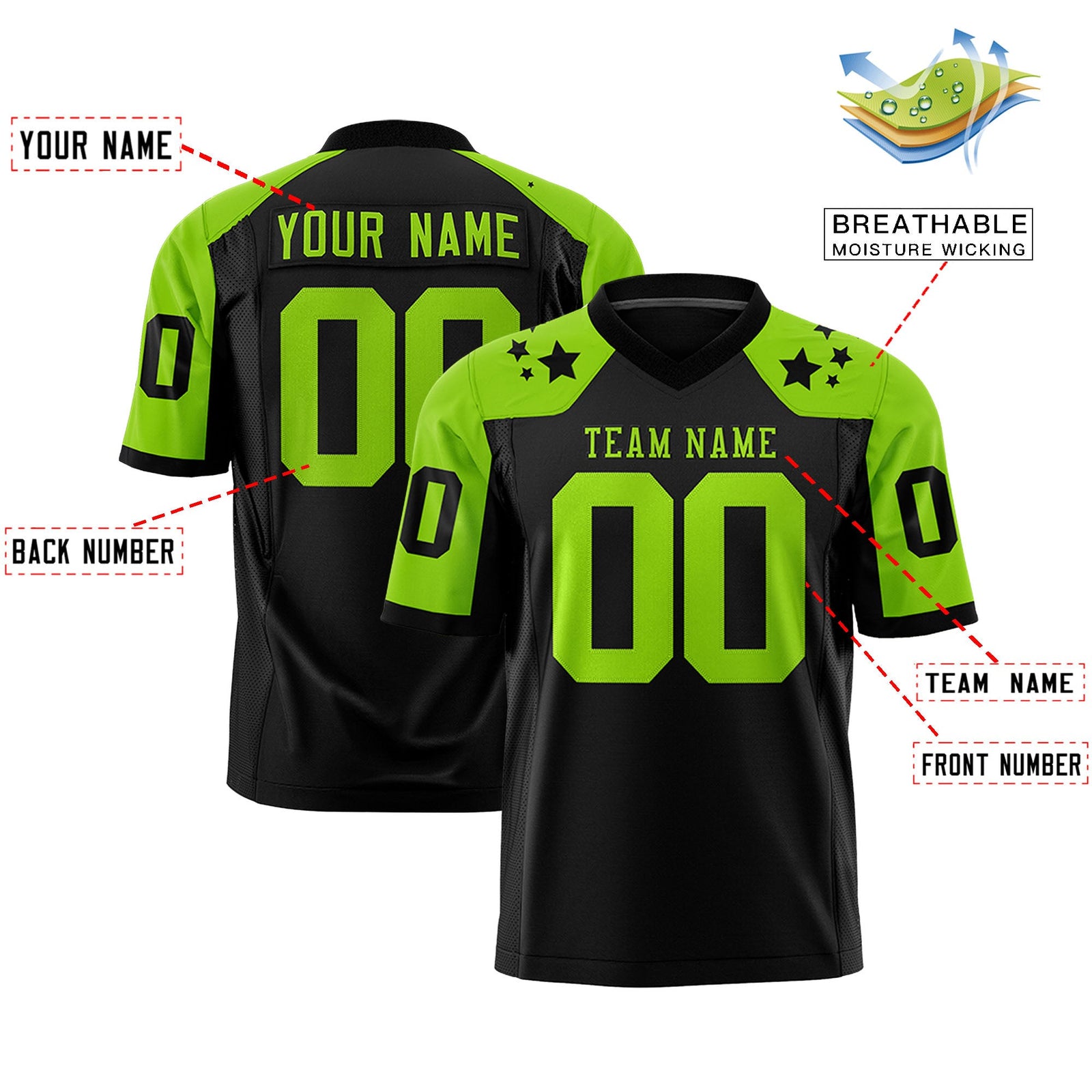 Custom Black Neon Green Personalized Shoulder Star Pattern Authentic Flag Football Jersey