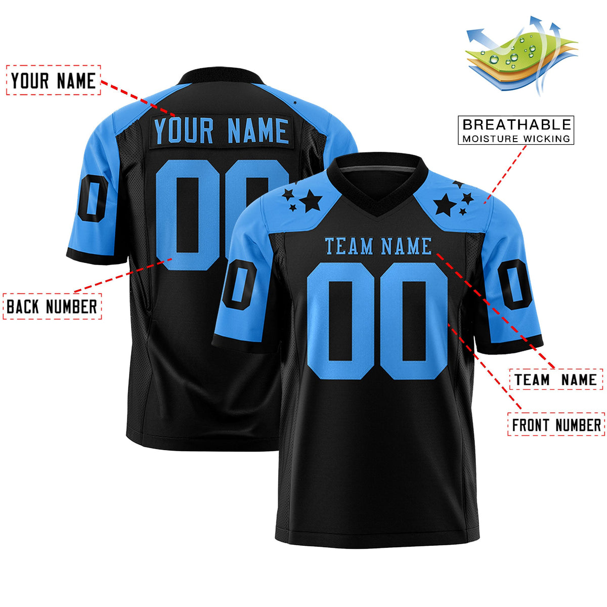 Custom Black Powder Blue Personalized Shoulder Star Pattern Flag Football Jersey