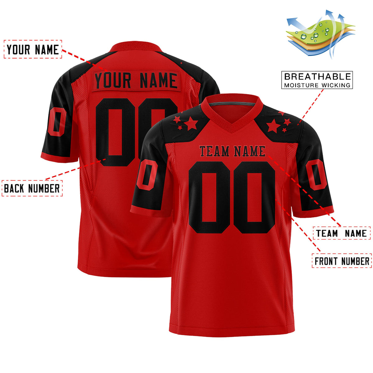 Custom Red Black Personalized Shoulder Star Pattern Flag Football Jersey