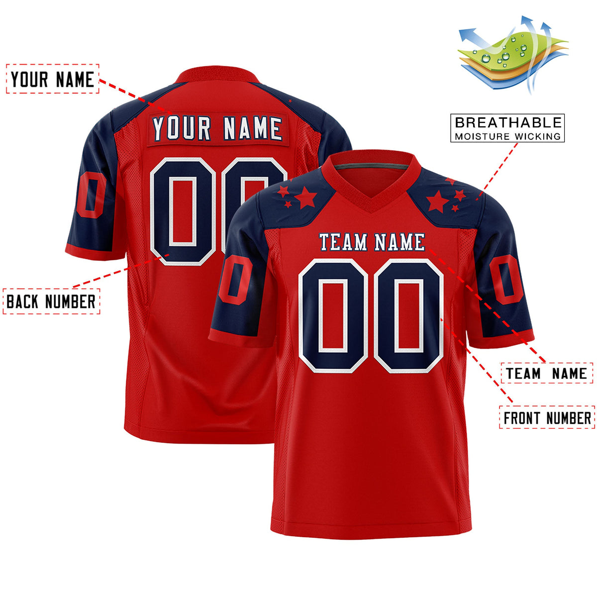 Custom Red Navy Personalized Shoulder Star Pattern Flag Football Jersey