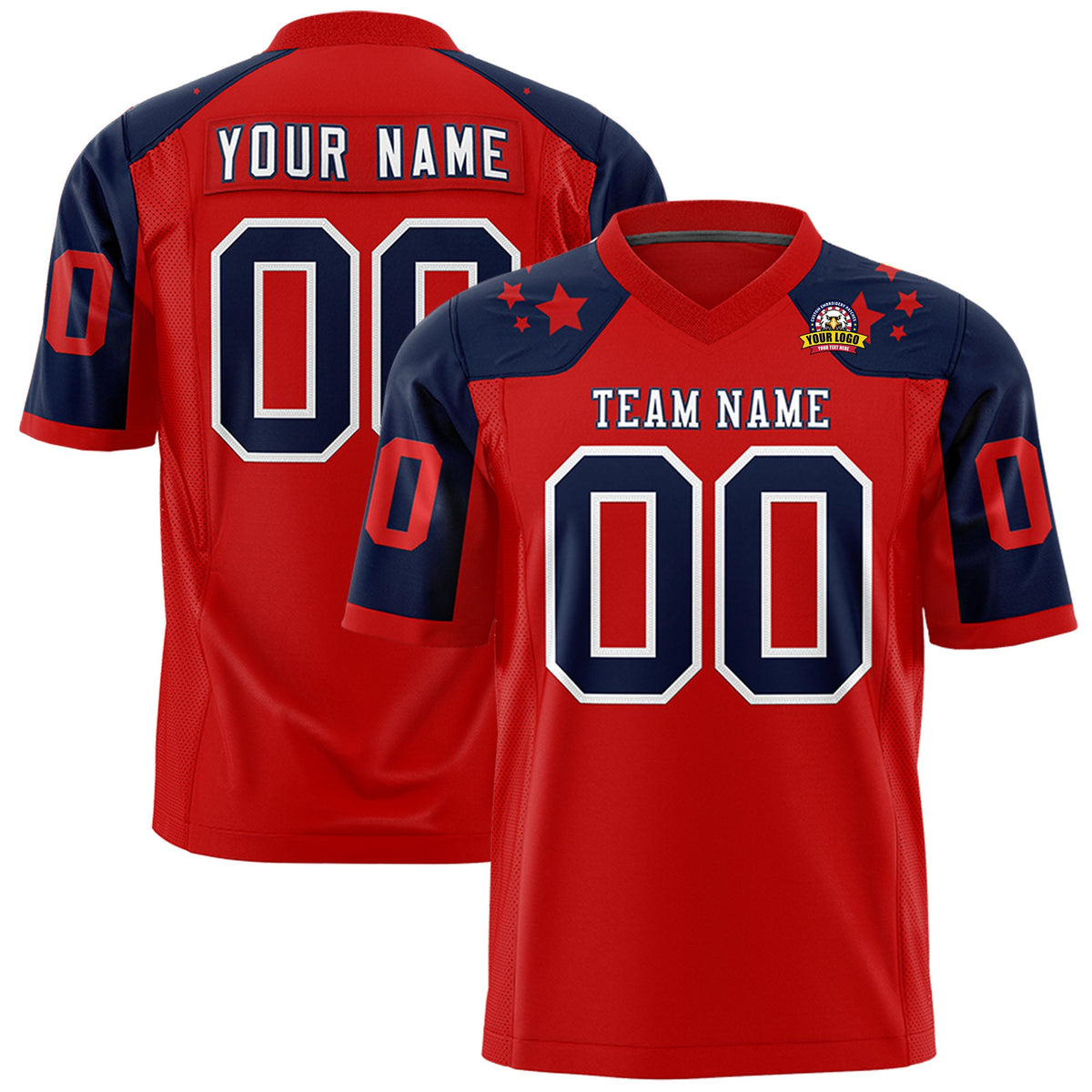 Custom Red Navy Personalized Shoulder Star Pattern Authentic Flag Football Jersey