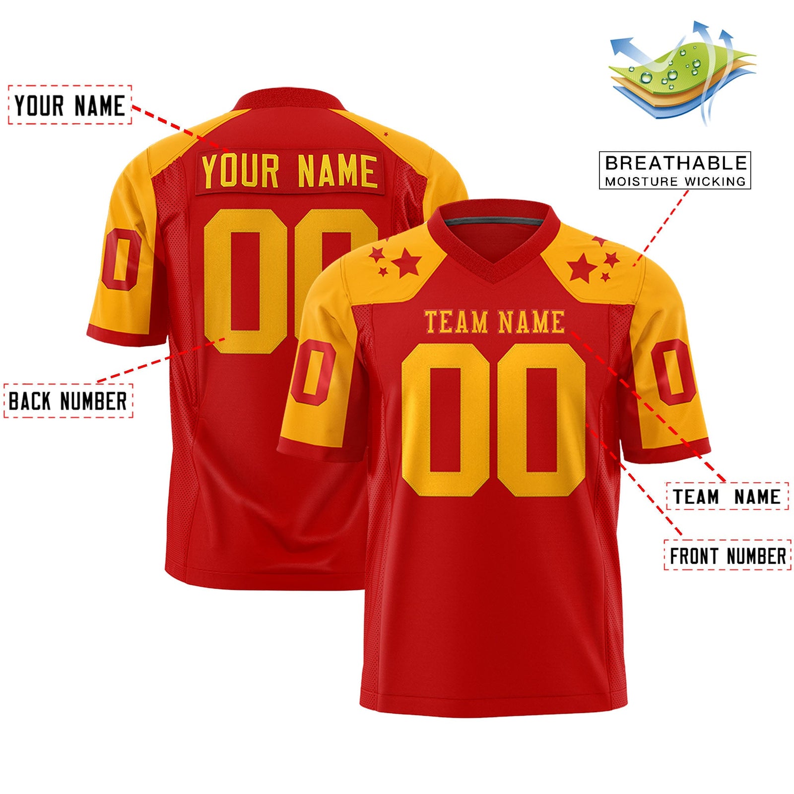 Custom Red Yellow Personalized Shoulder Star Pattern Authentic Flag Football Jersey