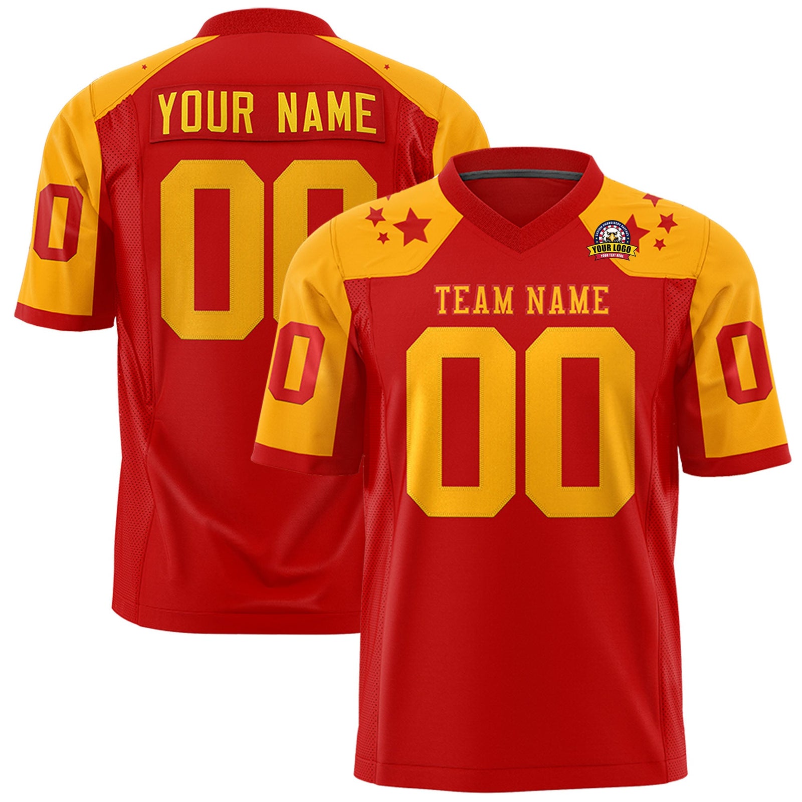 Custom Red Yellow Personalized Shoulder Star Pattern Authentic Flag Football Jersey