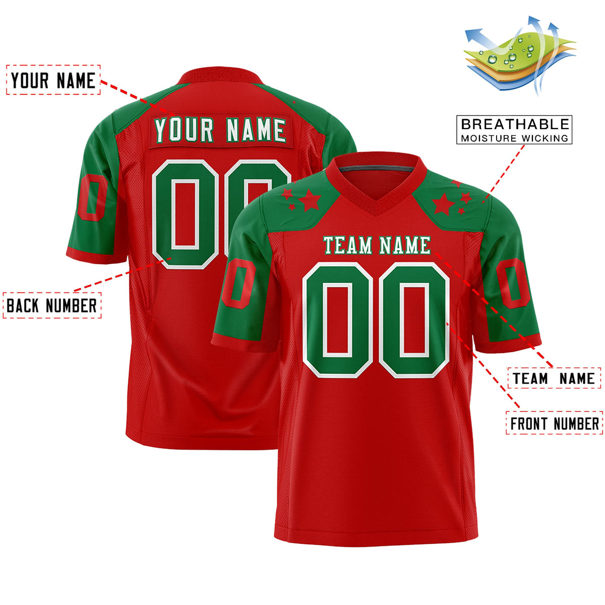 Custom Red Kelly Green Personalized Shoulder Star Pattern Flag Football Jersey
