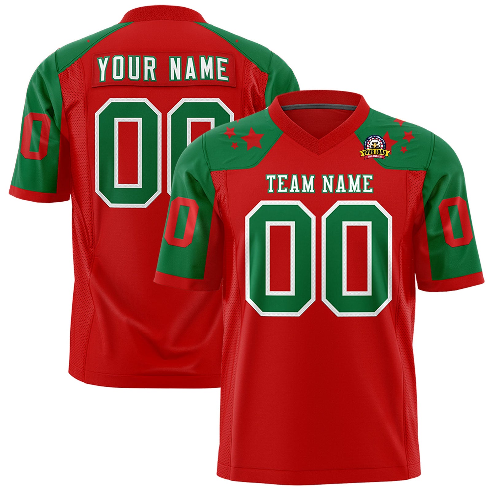 Custom Red Kelly Green Personalized Shoulder Star Pattern Authentic Flag Football Jersey