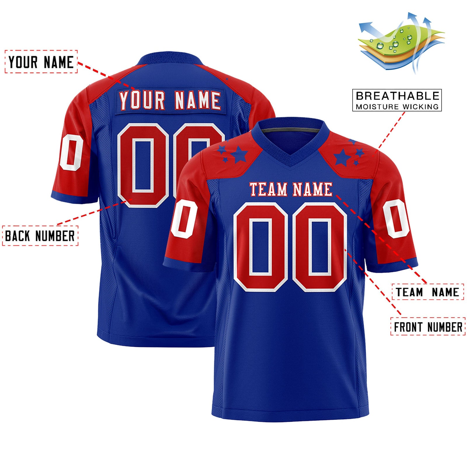 Custom Royal Red Personalized Shoulder Star Pattern Authentic Flag Football Jersey