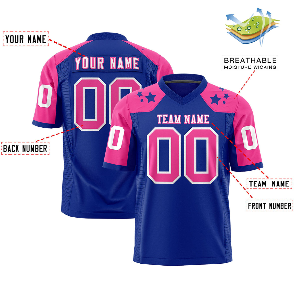 Custom Royal Pink Personalized Shoulder Star Pattern Flag Football Jersey