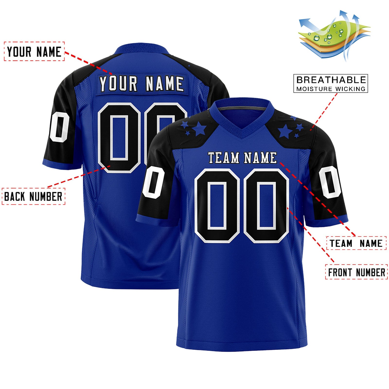 Custom Royal Black Personalized Shoulder Star Pattern Authentic Flag Football Jersey
