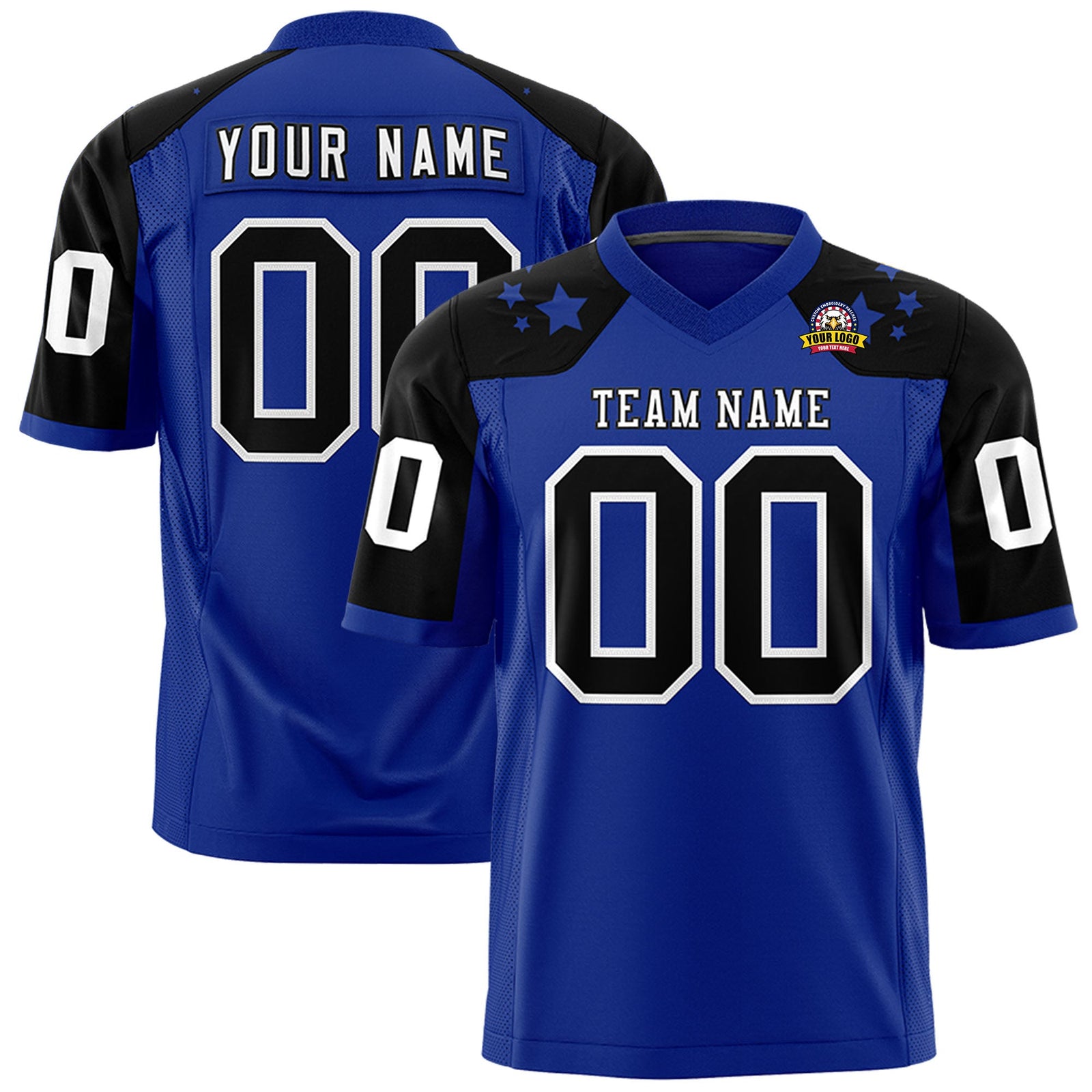 Custom Royal Black Personalized Shoulder Star Pattern Authentic Flag Football Jersey
