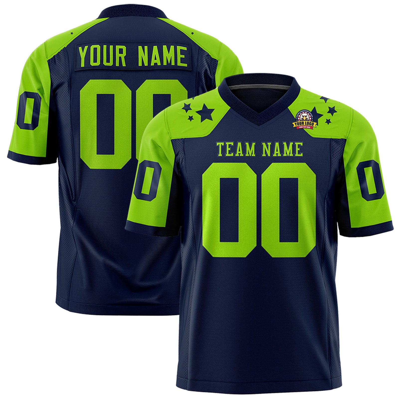 Custom Navy Neon Green Personalized Shoulder Star Pattern Authentic Flag Football Jersey