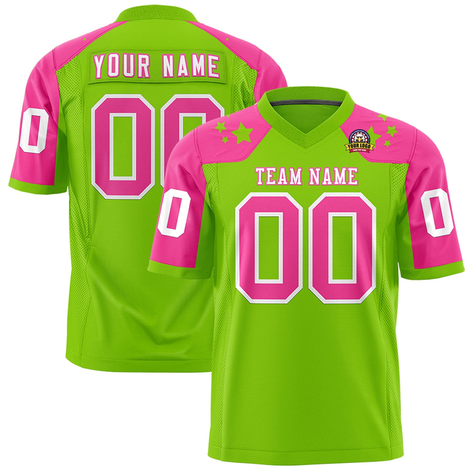 Custom Neon Green Pink Personalized Shoulder Star Pattern Authentic Flag Football Jersey