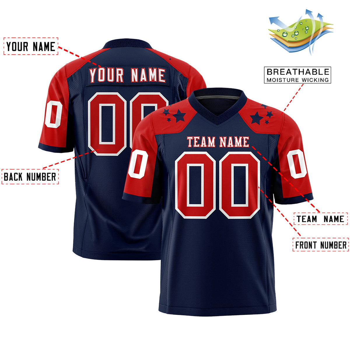 Custom Navy Red Personalized Shoulder Star Pattern Flag Football Jersey