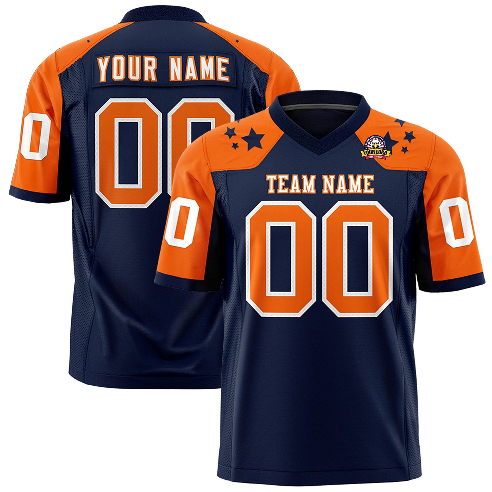 Custom Navy Orange Personalized Shoulder Star Pattern Authentic Flag Football Jersey