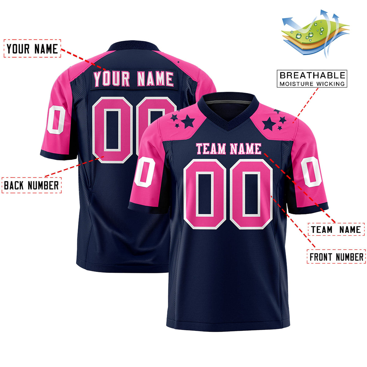 Custom Navy Pink Personalized Shoulder Star Pattern Flag Football Jersey