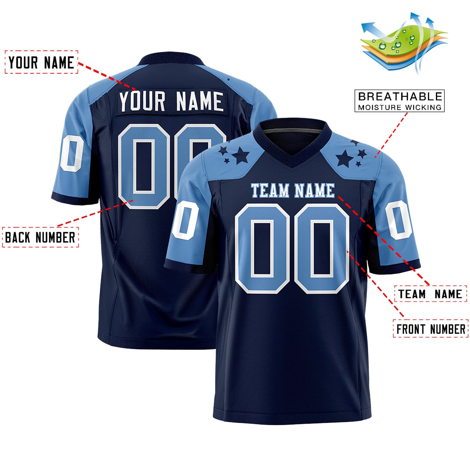 Custom Navy Light Blue Personalized Shoulder Star Pattern Authentic Flag Football Jersey