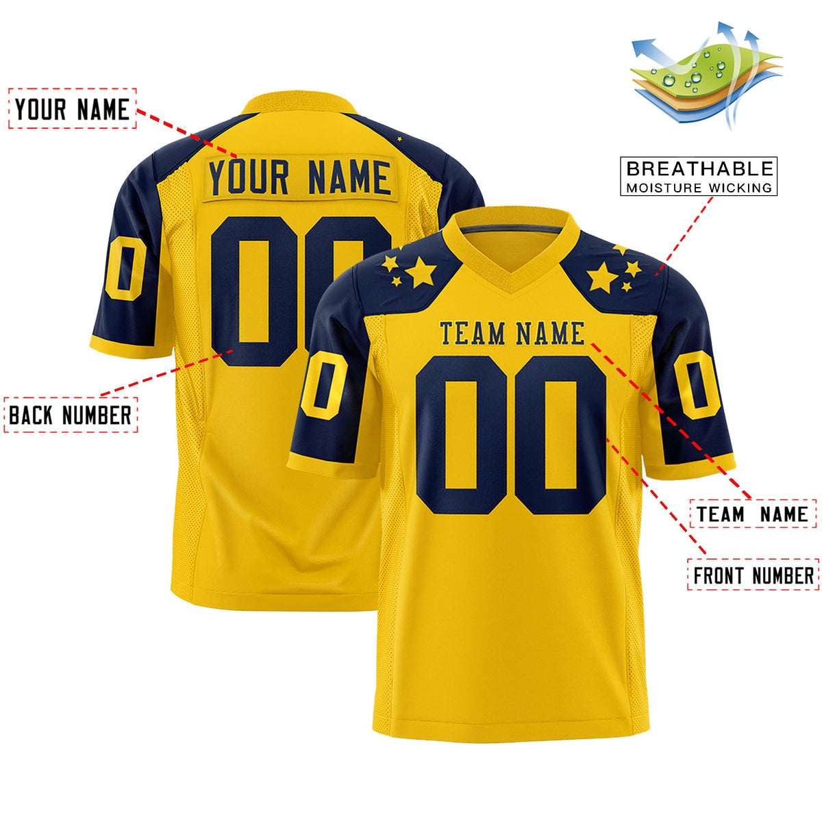 Custom Gold Navy Personalized Shoulder Star Pattern Flag Football Jersey