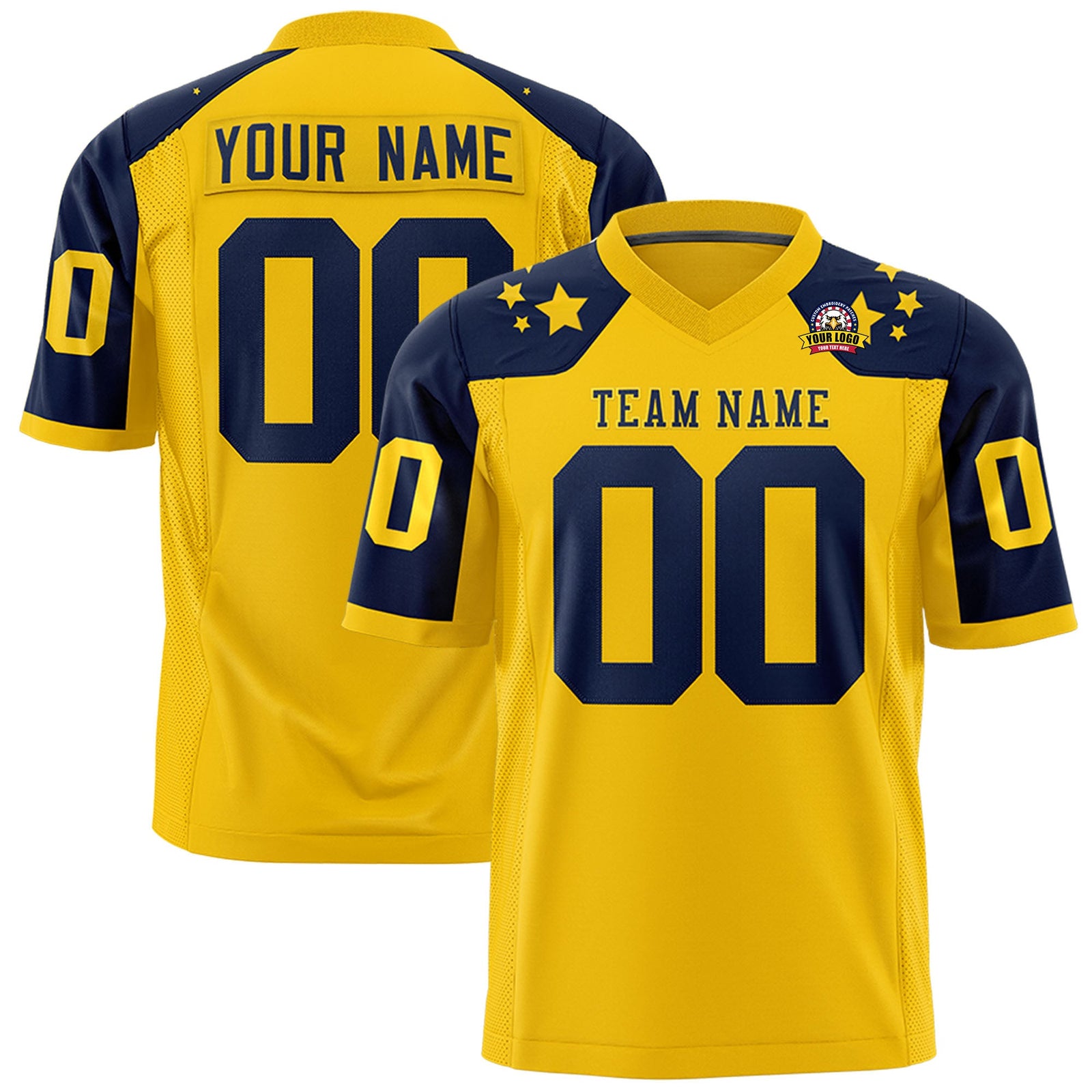 Custom Gold Navy Personalized Shoulder Star Pattern Authentic Flag Football Jersey