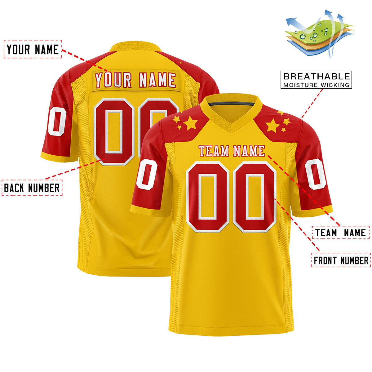 Custom Gold Red Personalized Shoulder Star Pattern Flag Football Jersey