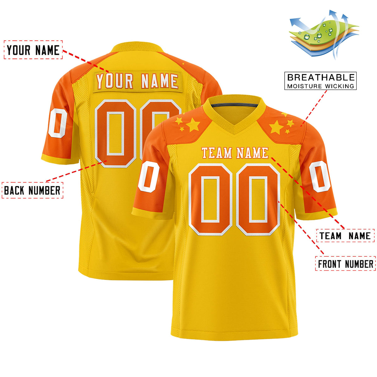 Custom Gold Orange Personalized Shoulder Star Pattern Flag Football Jersey