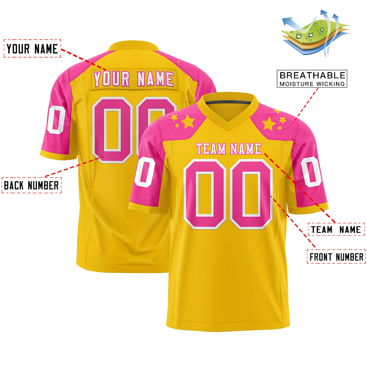Custom Gold Pink Personalized Shoulder Star Pattern Flag Football Jersey