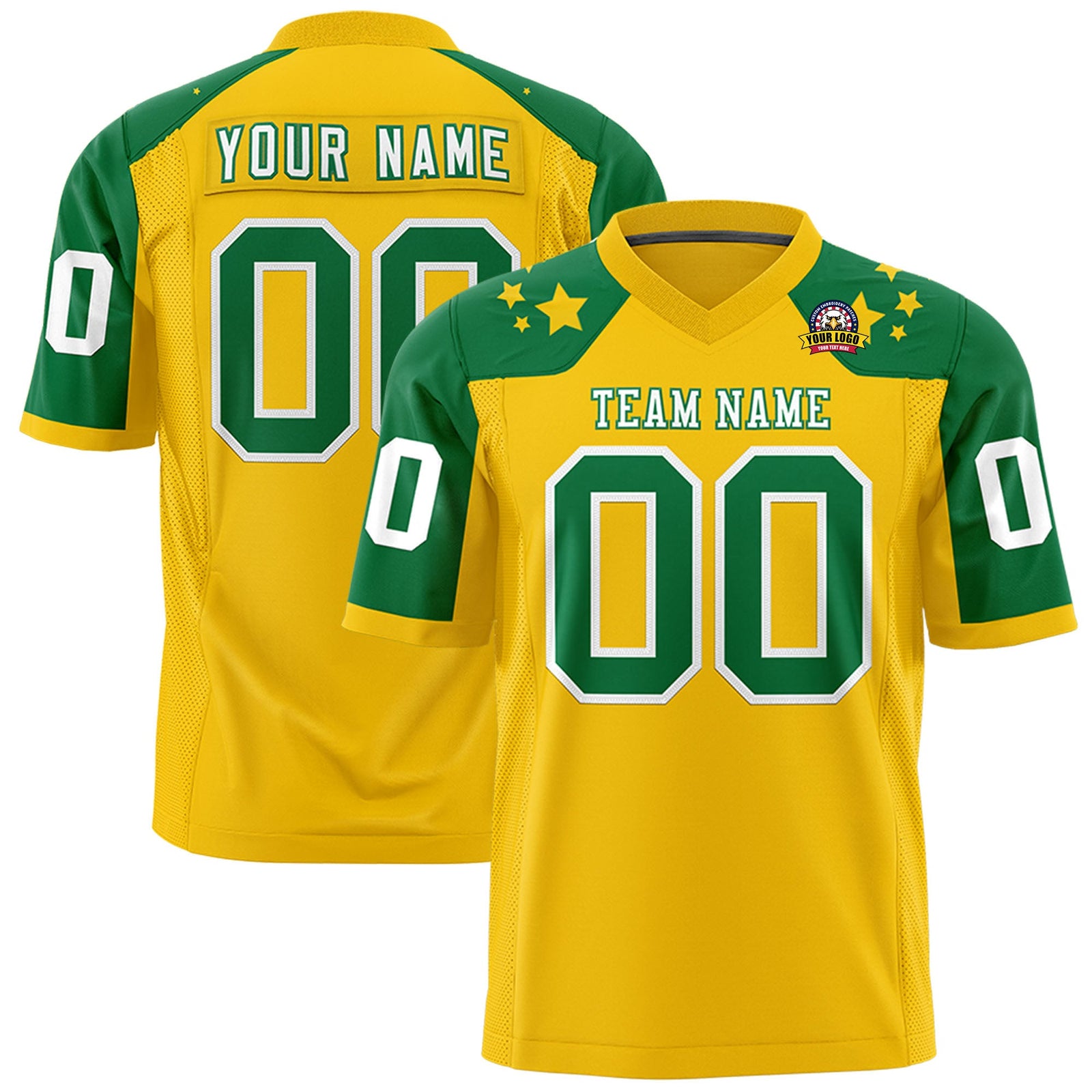 Custom Gold Kelly Green Personalized Shoulder Star Pattern Authentic Flag Football Jersey