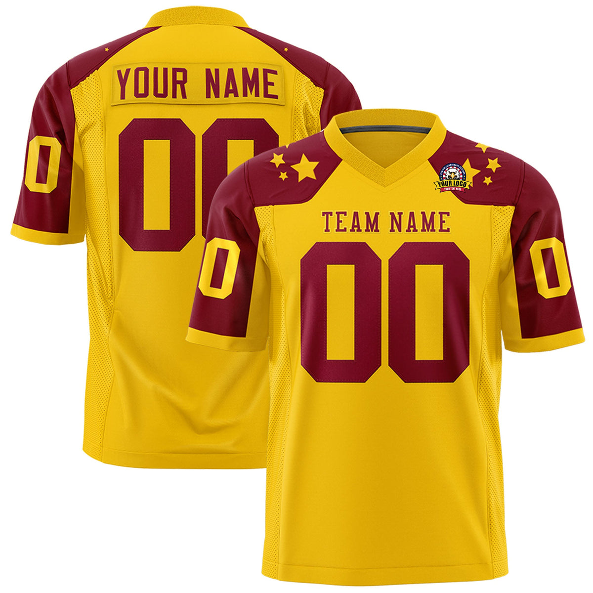 Custom Gold Crimson Personalized Shoulder Star Pattern Authentic Flag Football Jersey