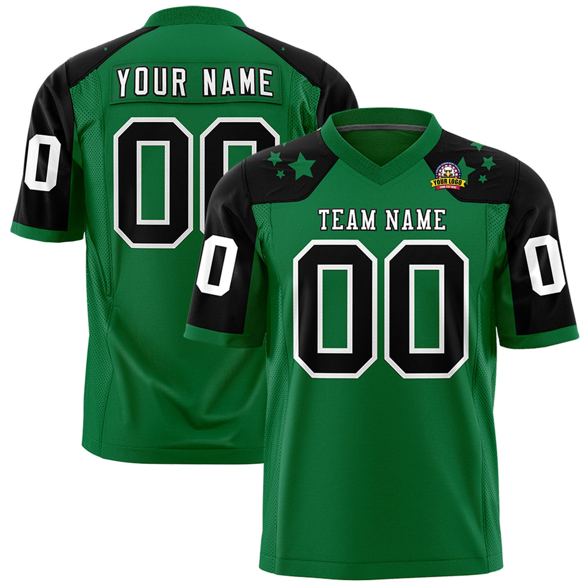 Custom Kelly Green Black Personalized Shoulder Star Pattern Authentic Flag Football Jersey
