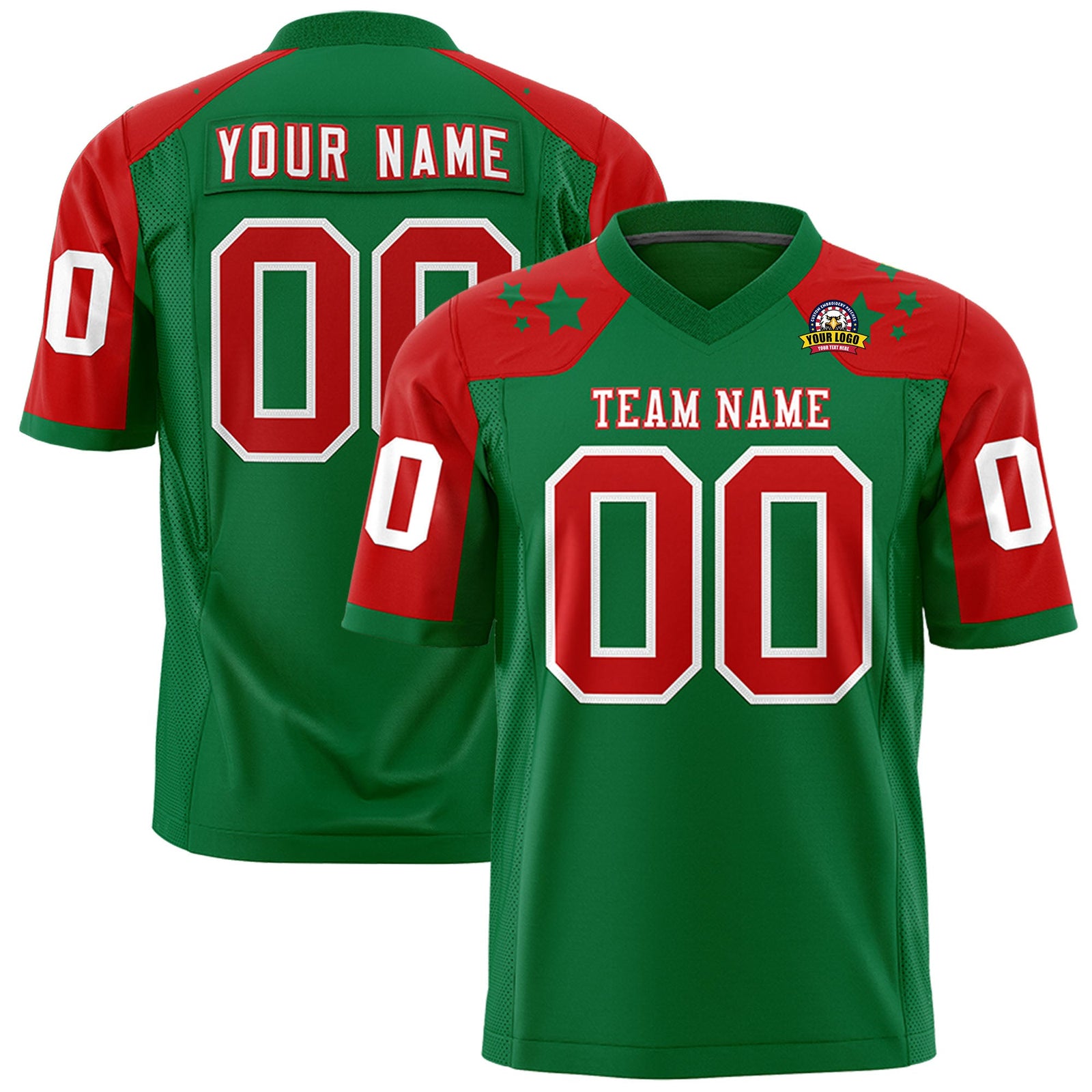 Custom Kelly Green Red Personalized Shoulder Star Pattern Authentic Flag Football Jersey