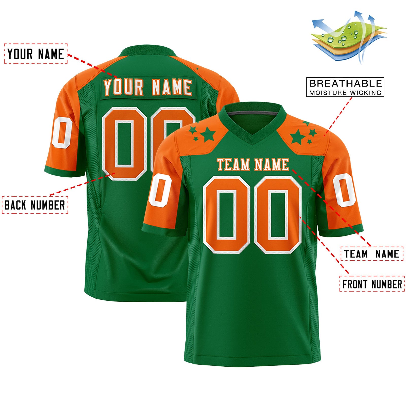 Custom Kelly Green Orange Personalized Shoulder Star Pattern Authentic Flag Football Jersey
