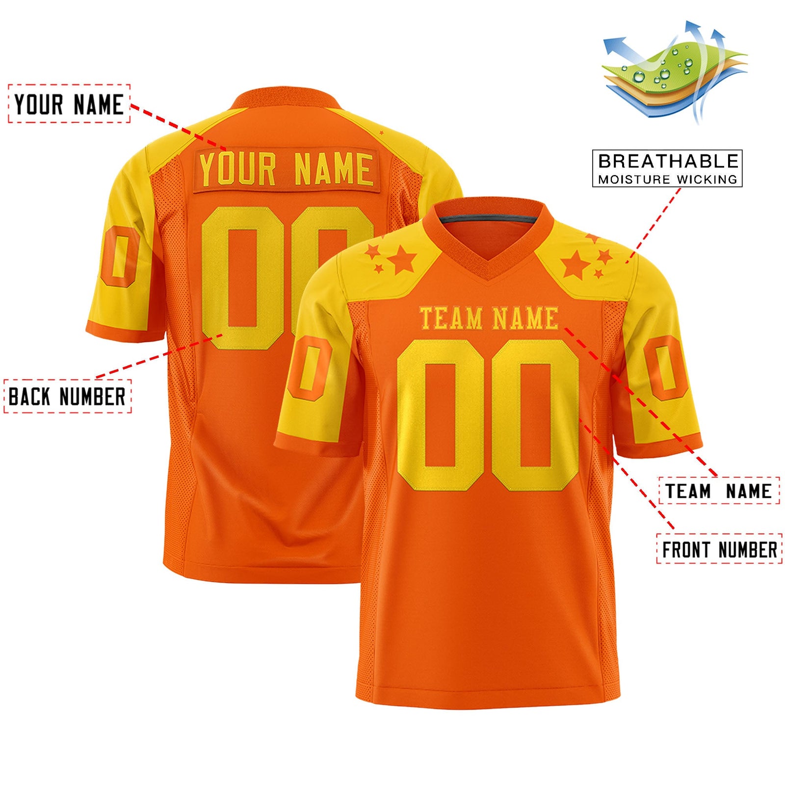 Custom Orange Gold Personalized Shoulder Star Pattern Authentic Flag Football Jersey