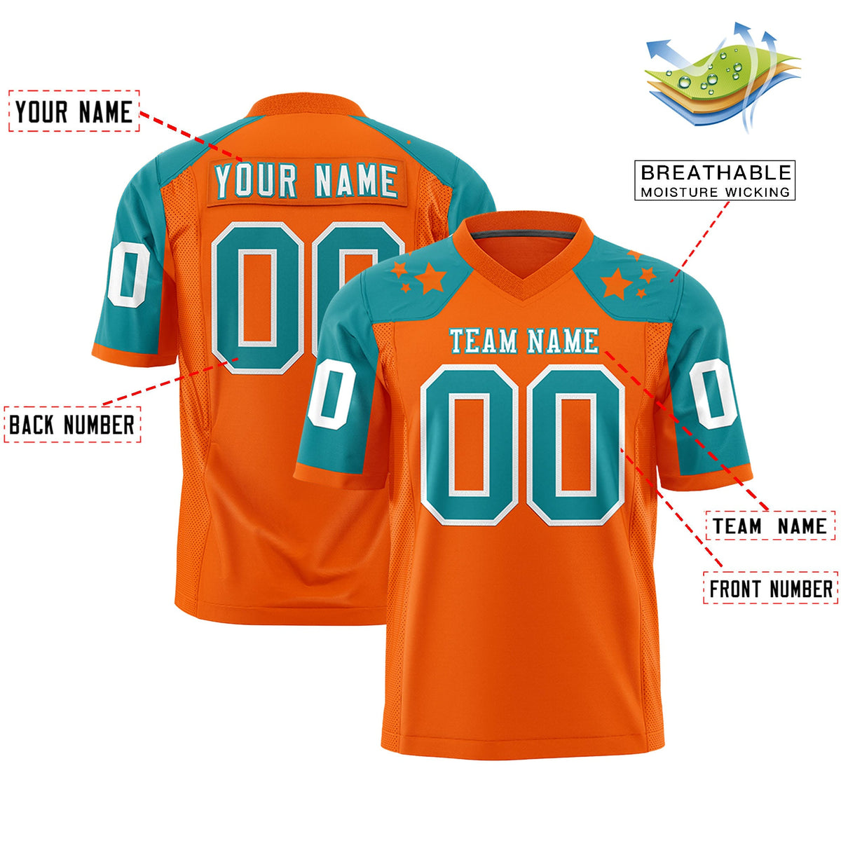 Custom Orange Aqua Personalized Shoulder Star Pattern Flag Football Jersey