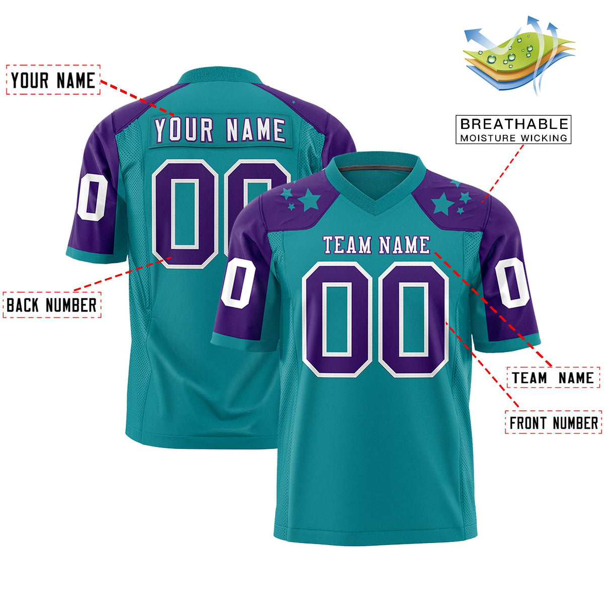 Custom Aqua Purple Personalized Shoulder Star Pattern Flag Football Jersey