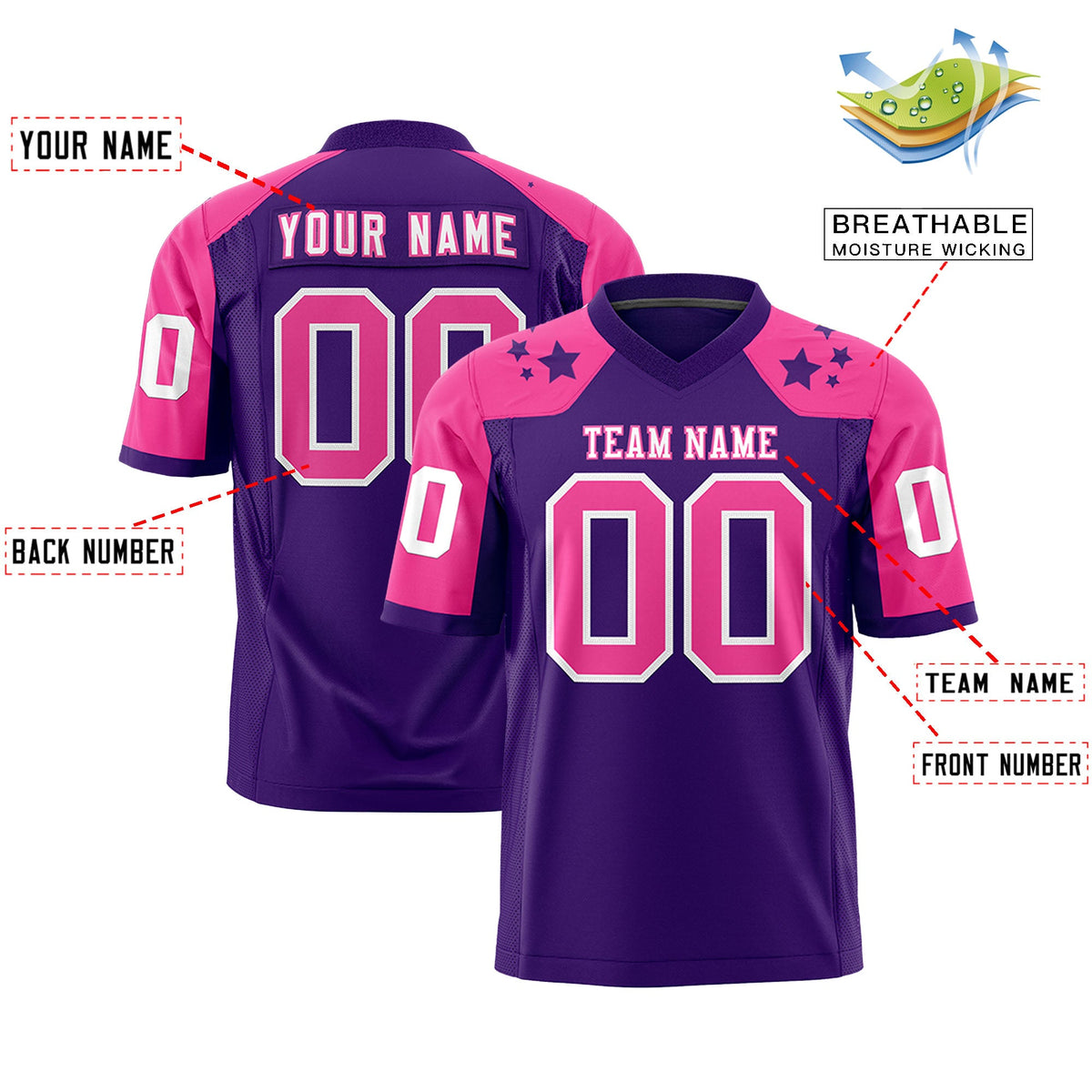 Custom Purple Pink Personalized Shoulder Star Pattern Flag Football Jersey