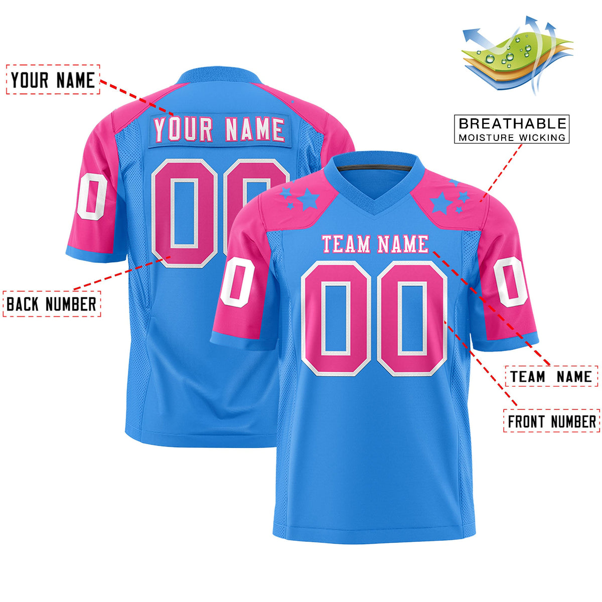 Custom Powder Blue Pink Personalized Shoulder Star Pattern Flag Football Jersey