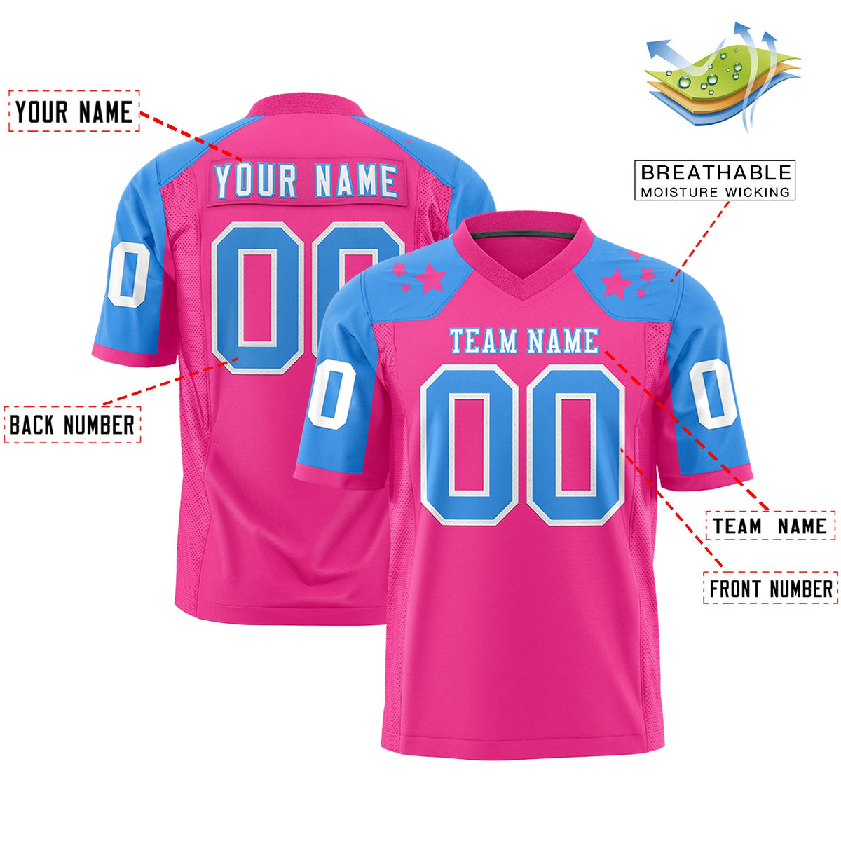 Custom Pink Powder Blue Personalized Shoulder Star Pattern Flag Football Jersey