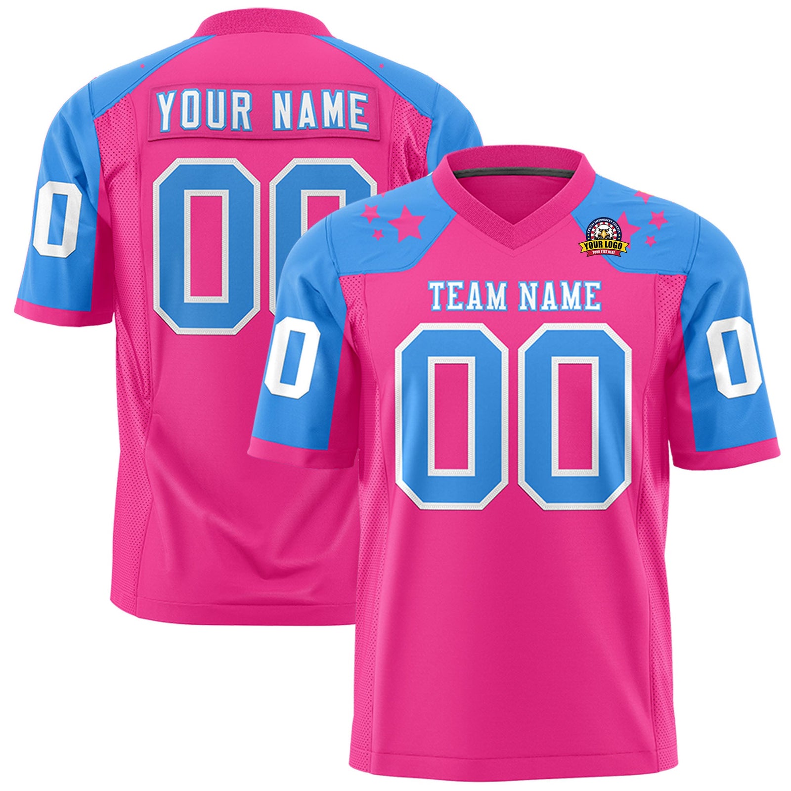 Custom Pink Powder Blue Personalized Shoulder Star Pattern Authentic Flag Football Jersey
