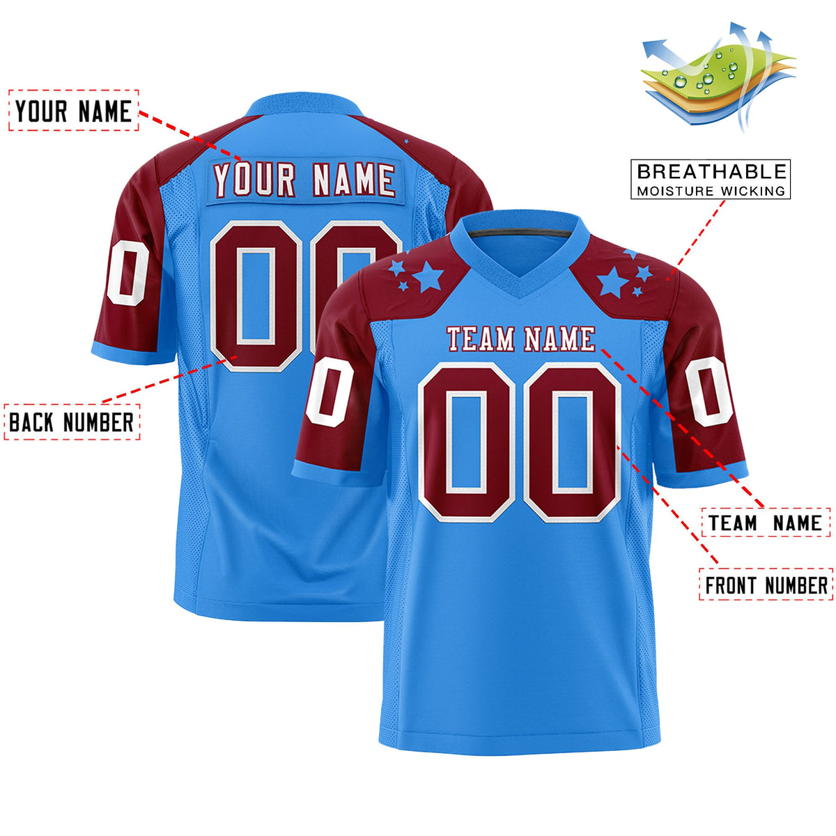 Custom Powder Blue Crimson Personalized Shoulder Star Pattern Flag Football Jersey