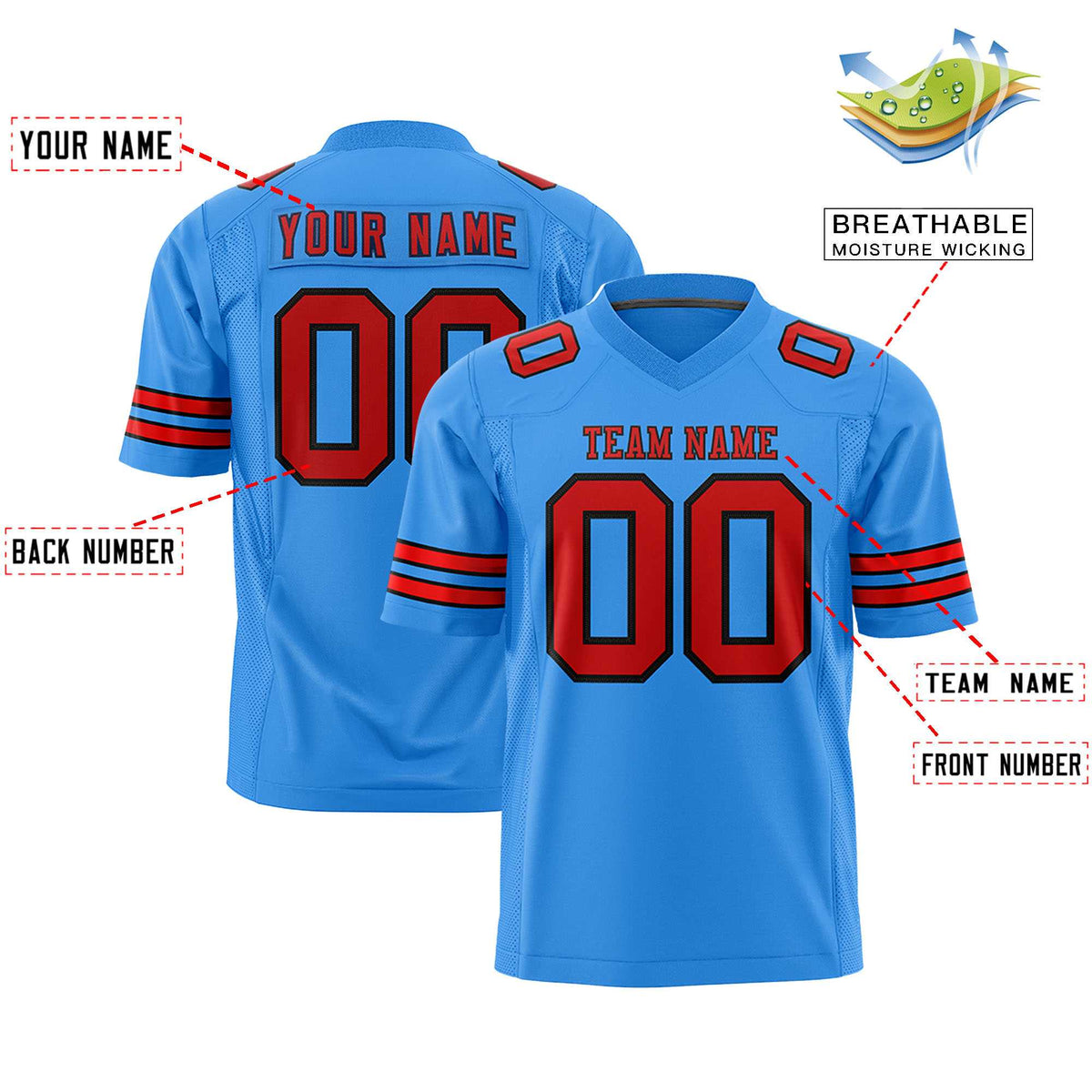 Custom Powder Blue Red-Black Personalized Classic Authentic Football Jersey
