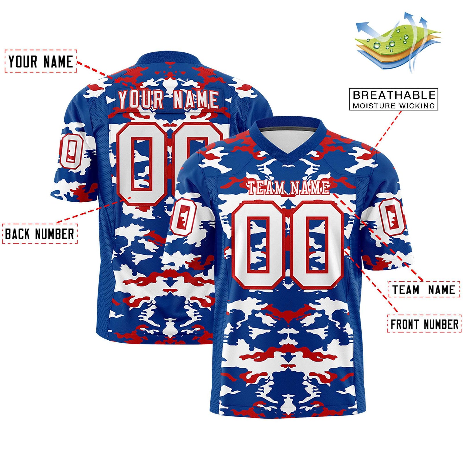 Custom Royal White-Red Personalized Camo Authentic Football Jersey
