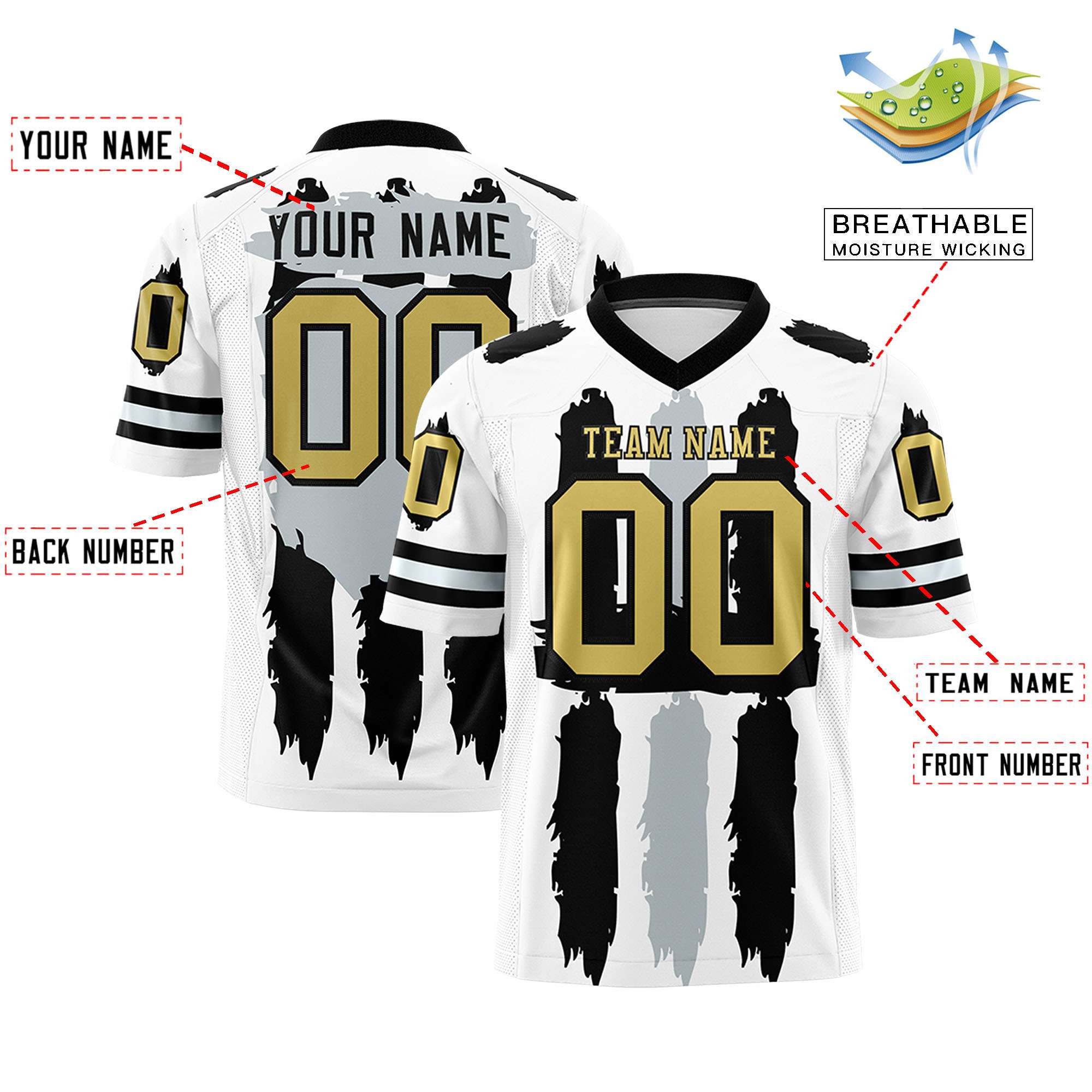 Custom Flag Football Jersey | White Black and Silver Graffiti Pattern Practice 7on7 Uniforms | Add name, number & logo| KXKSHOP