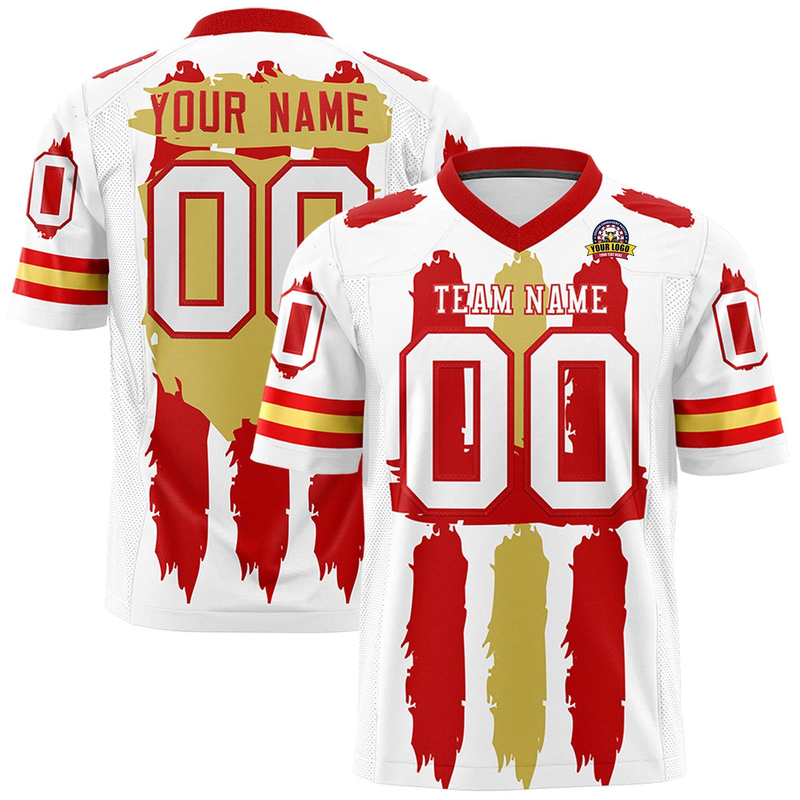 Custom Flag Football Jersey | White Red and Old Gold Graffiti Pattern Practice 7on7 Uniforms | Add name, number & logo| KXKSHOP