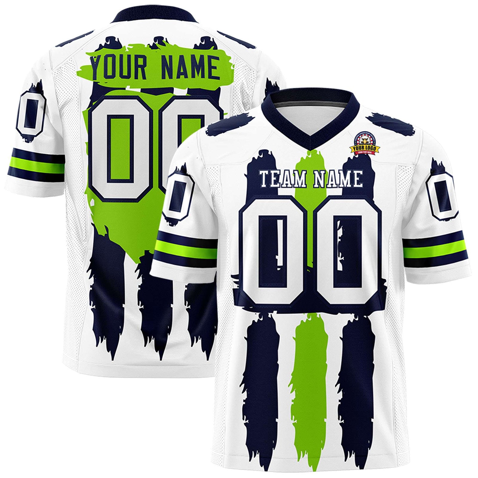 Custom Flag Football Jersey | White Navy and Neon Green Graffiti Pattern Practice 7on7 Uniforms | Add name, number & logo| KXKSHOP