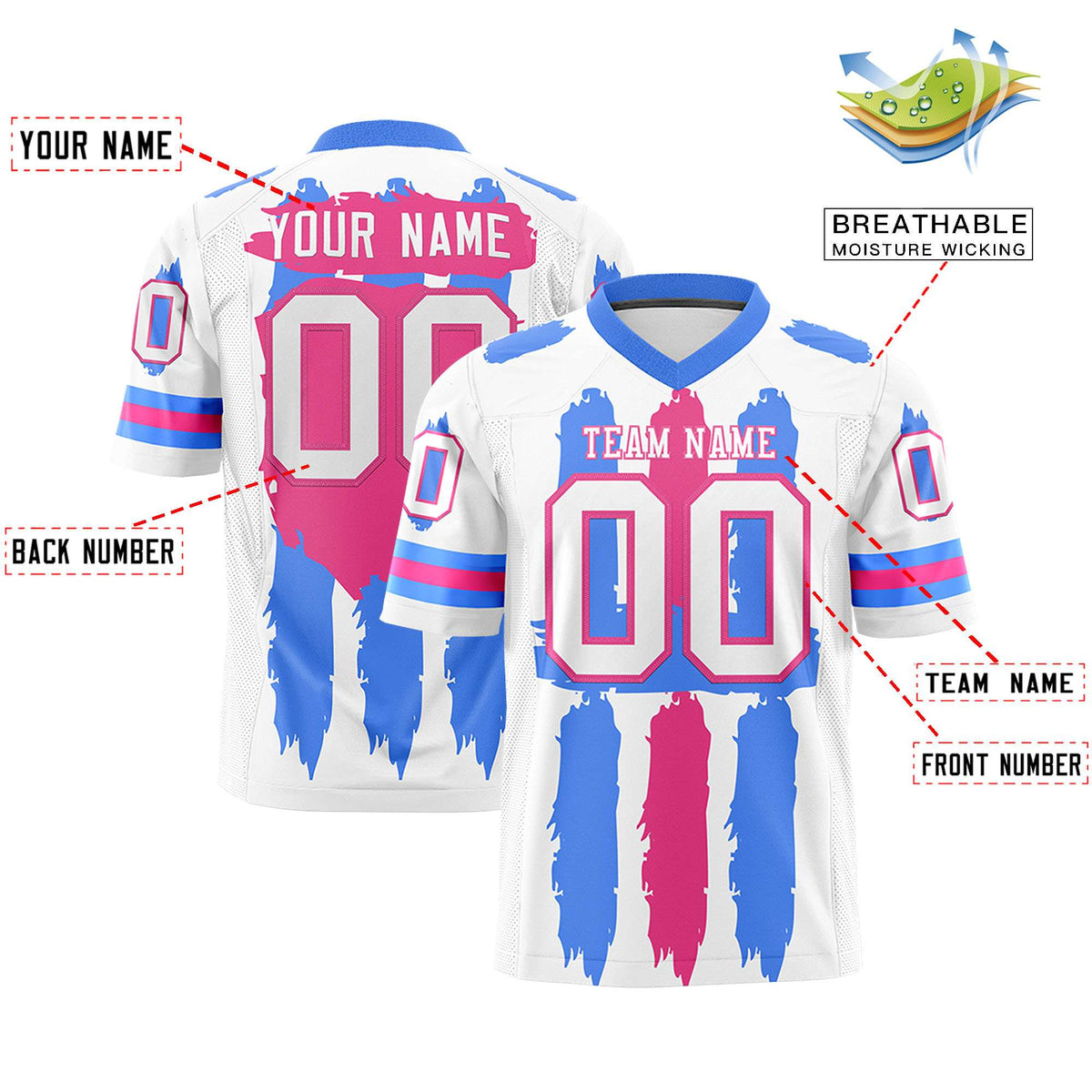 Custom Flag Football Jersey | White Powder Blue and Pink Graffiti Pattern Practice 7on7 Uniforms | Add name, number &amp; logo| KXKSHOP