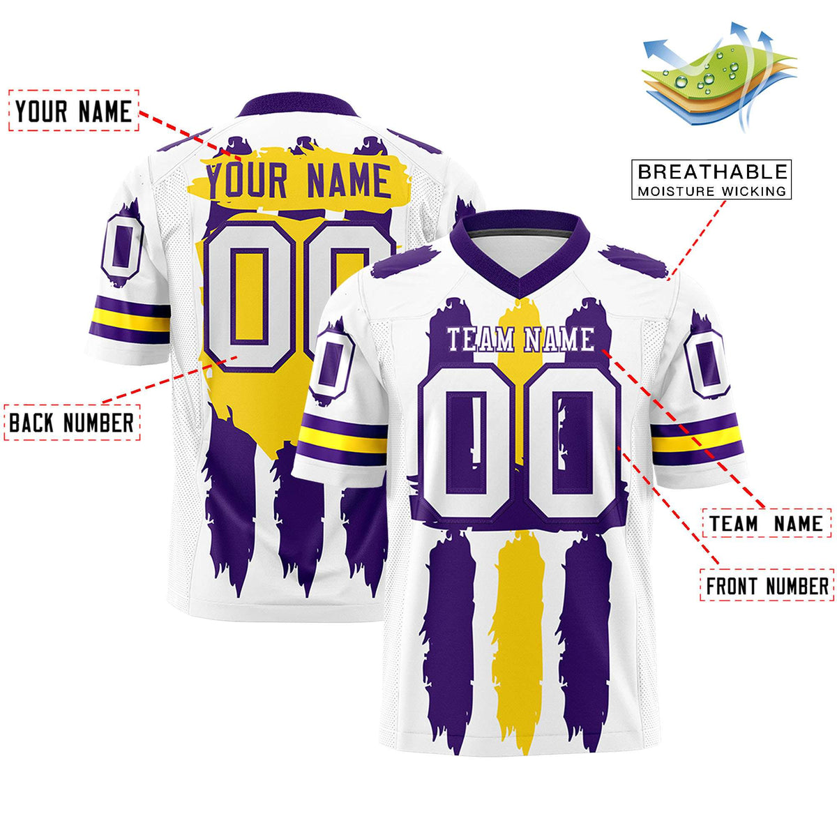 Custom Flag Football Jersey | White Purple and Gold Graffiti Pattern Practice 7on7 Uniforms | Add name, number &amp; logo| KXKSHOP